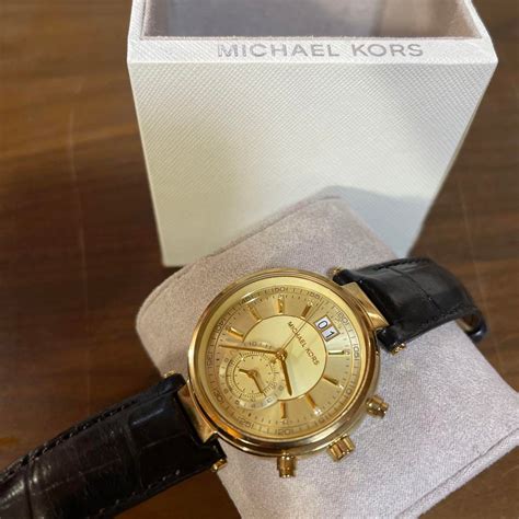 Michael Kors Sawyer MK2433 39mm Gold Dial Black Leather .